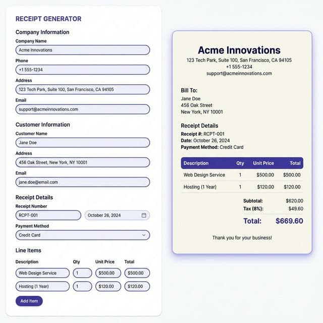 Receipt Generator tool preview showing form and receipt output